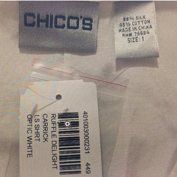 CHICO'S RUFFLED SHIRT BLOUSE TOP ~ White Silk & Cotton ~ XL Size 3 ~ Long Sleeve - Picture 10 of 10